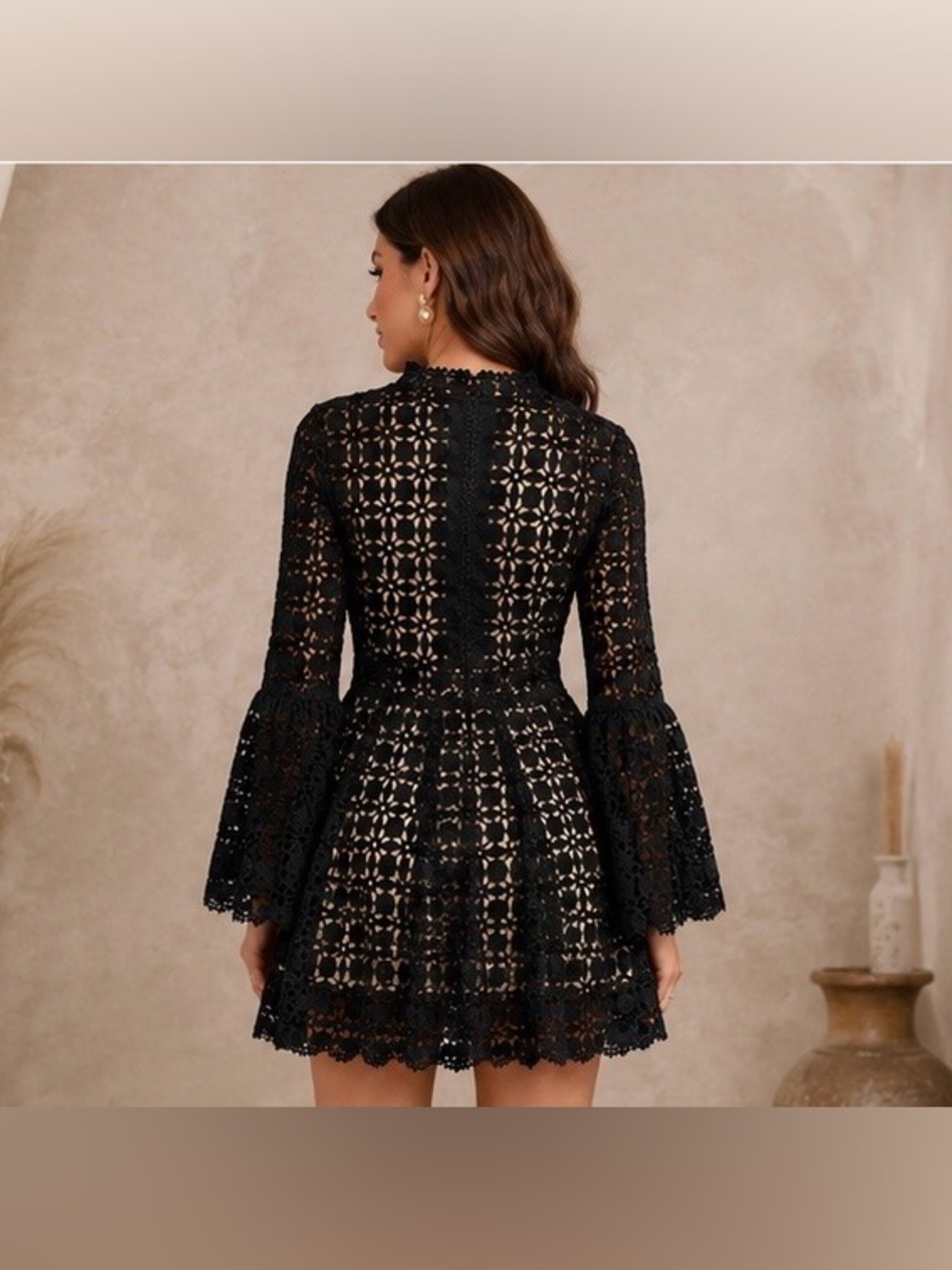 Black Lace Mini Dress with Bell Sleeves - Picture 2 of 5